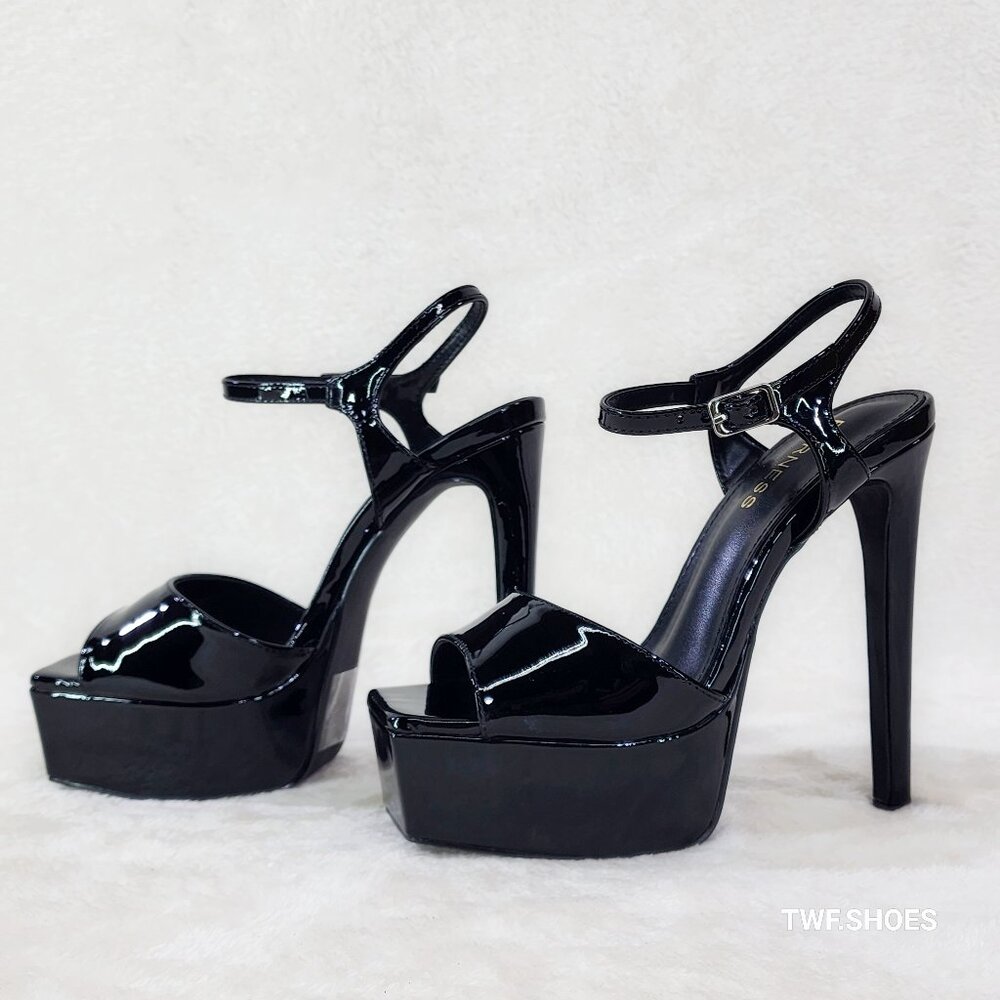 Gwen Black Patent Platform Open Toe Ankle Strap Stiletto High Heel Shoes NEW